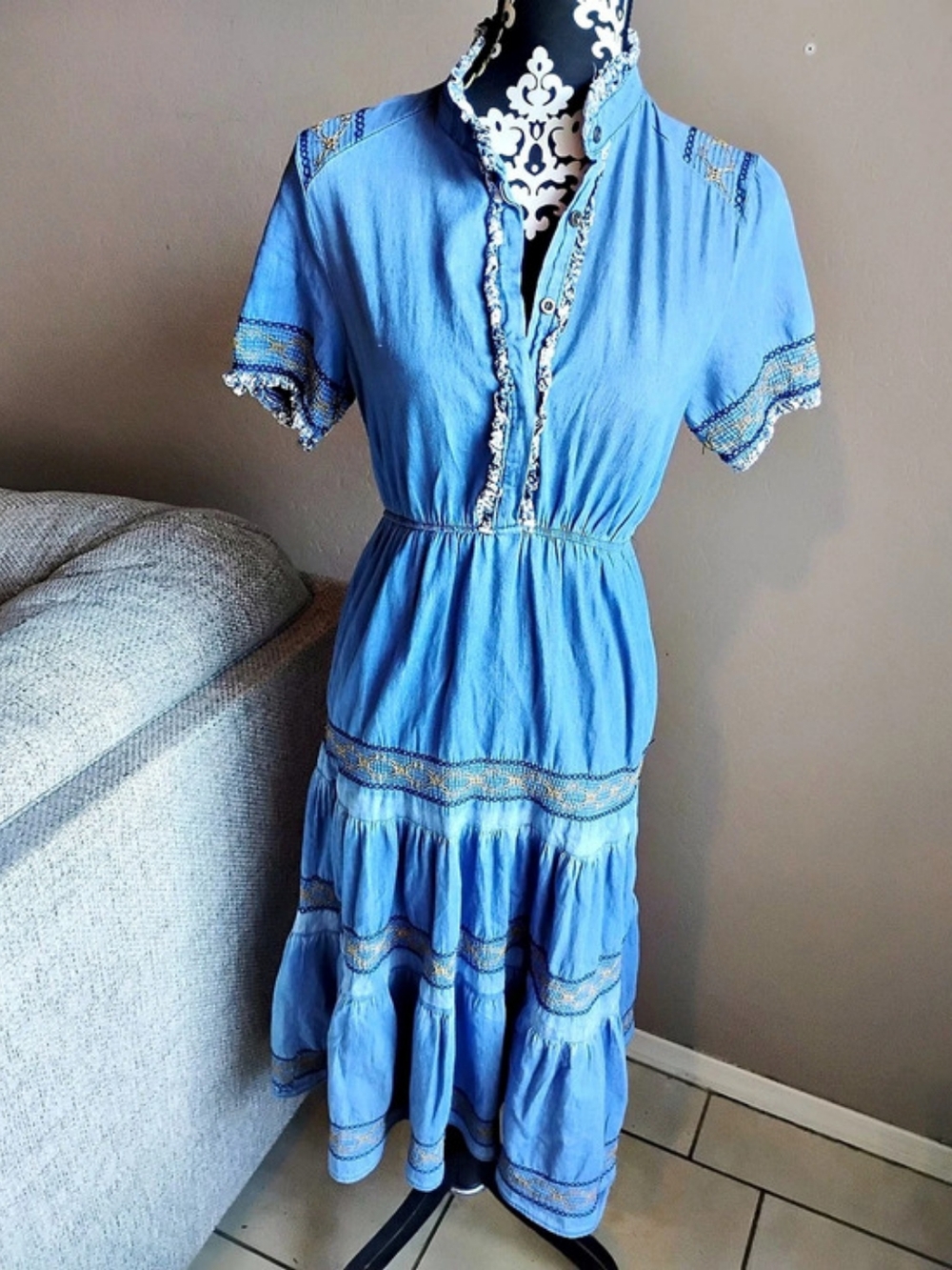 Lapis Anthropologie Blue Denim Embroidered Midi Dress Size Medium
